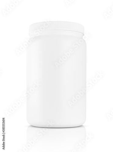white plastic bottle for whey protein supplement product design mock-up isolated on white background