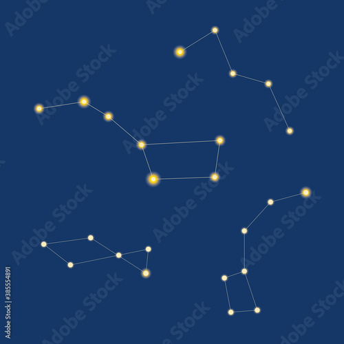 Set of constellations ursa major, ursa minor, cassiopeia, lyre isolated as concept of starry sky, astronomy, vector stock illustration, set or collection