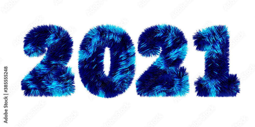 2021 date with blue fluffy numbers isolated on white background. Christmas New Year holiday design	
