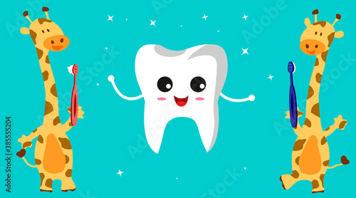 Giraffe brushes his teeth. Oral hygiene. Tooth and toothbrush. Vector illustration.