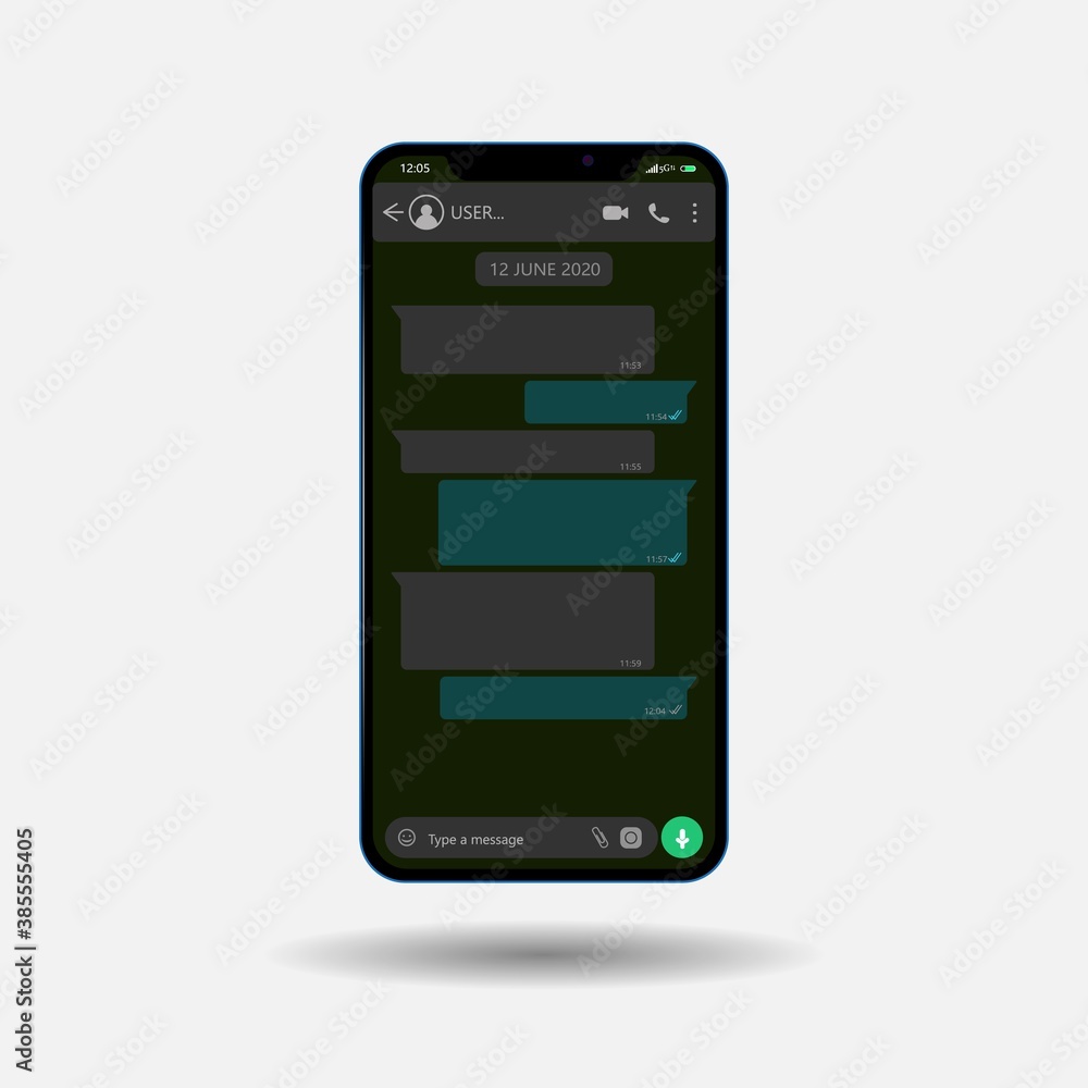 Layout of a phone with a mobile messenger on the screen, in a dark style. Modern design. Layout of a phone with a mobile messenger on the screen, in a dark style. Modern design.