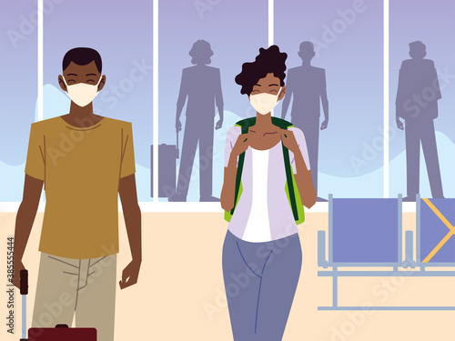 new normal, people with masks at the airport keep distance