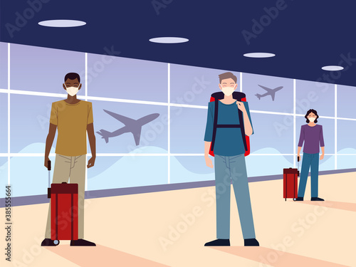 airport new normal, people with masks and physical distancing