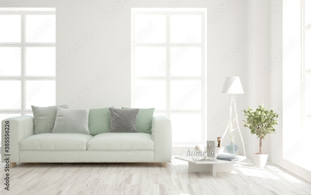 White living room with sofa. Scandinavian interior design. 3D illustration White living room with sofa. Scandinavian interior design. 3D illustration