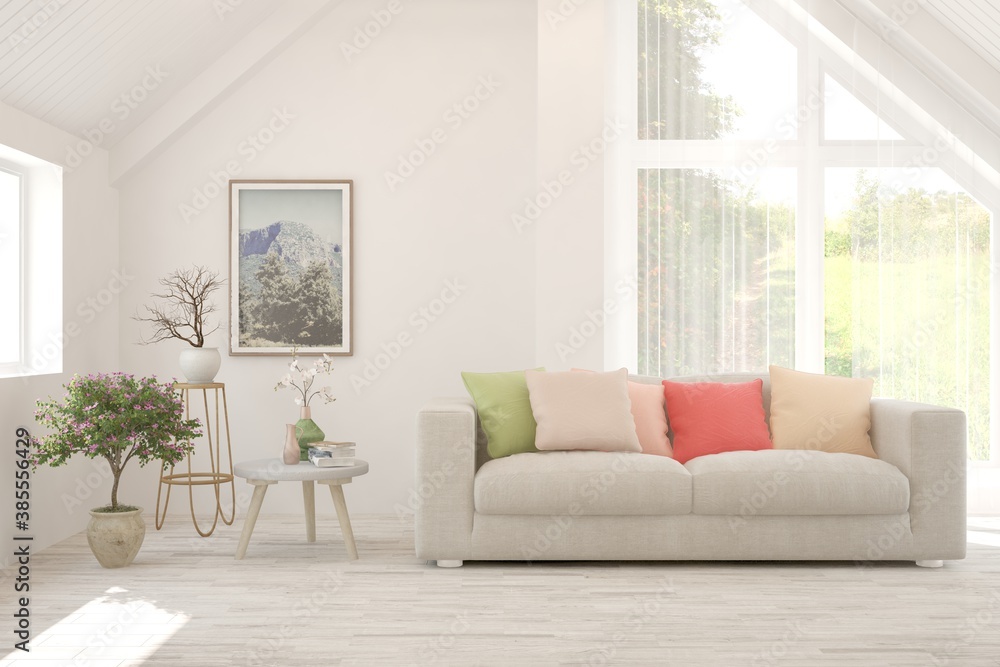 White living room with sofa. Scandinavian interior design. 3D illustration White living room with sofa. Scandinavian interior design. 3D illustration