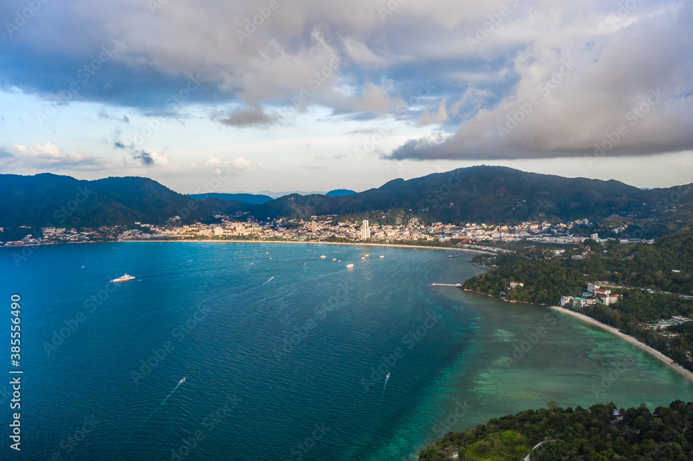 Aerial view blue ocean and blue sky at Patong Beach of Phuket Thailand
