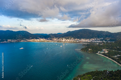 Aerial view blue ocean and blue sky at Patong Beach of Phuket Thailand
