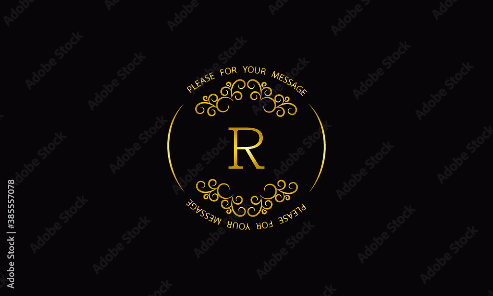 Graceful gold monogram design template on black background. Elegant logo with R sign for royalty, business card, boutique, hotel, heraldic, jewelry. Graceful gold monogram design template on black background. Elegant logo with R sign for royalty, business card, boutique, hotel, heraldic, jewelry.