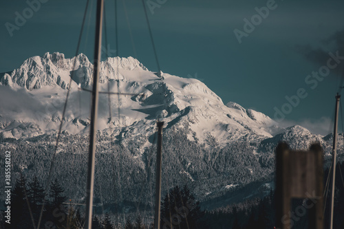 Distant snowy epic mountain in a beautiful town in Canada.