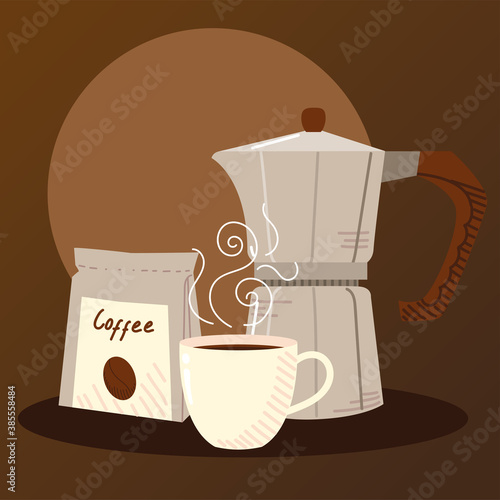 coffee brewing methods, moka pot hot coffee cup and pack grains