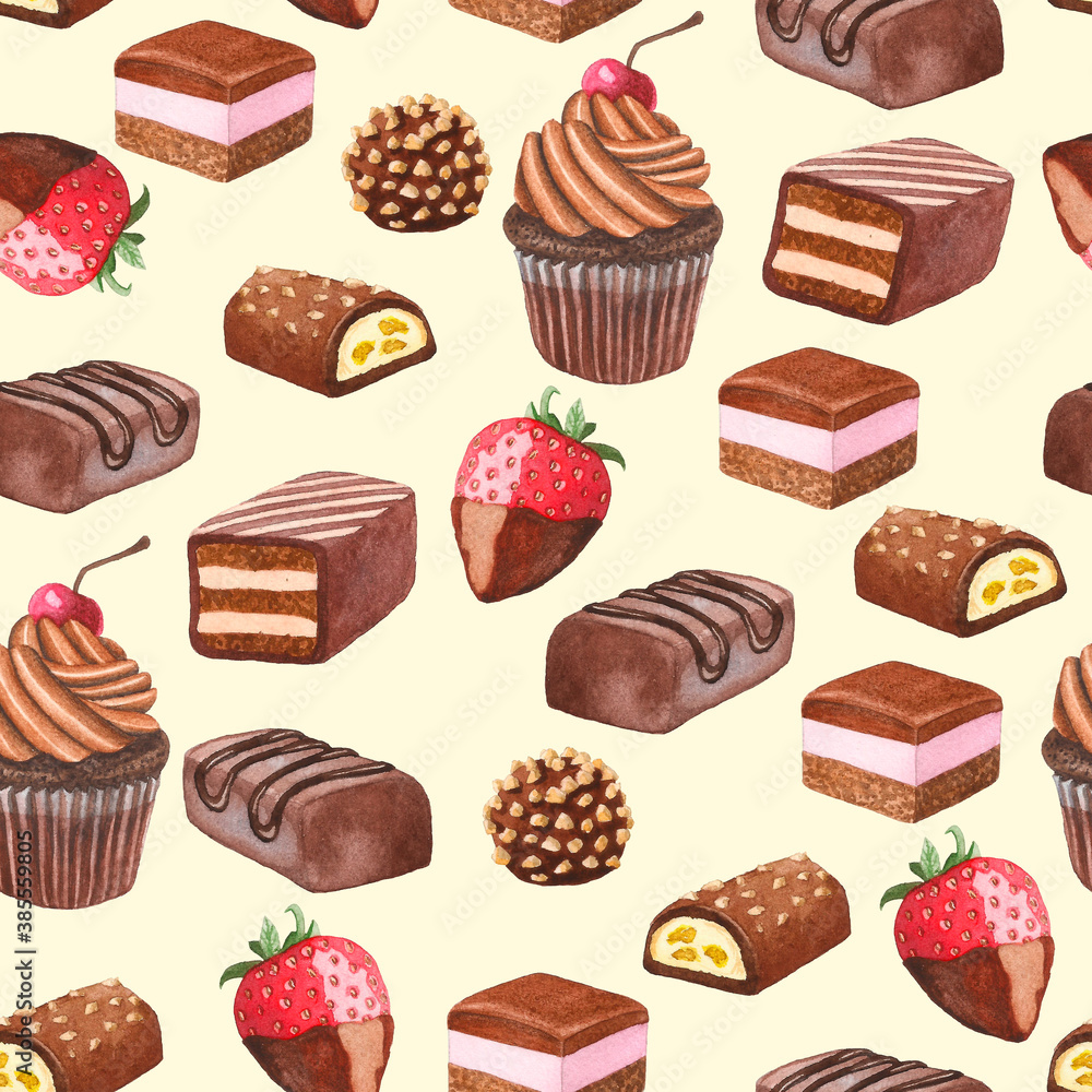 Seamless pattern with sweets.  Watercolor chocolates, 
cupcakes, and cakes.