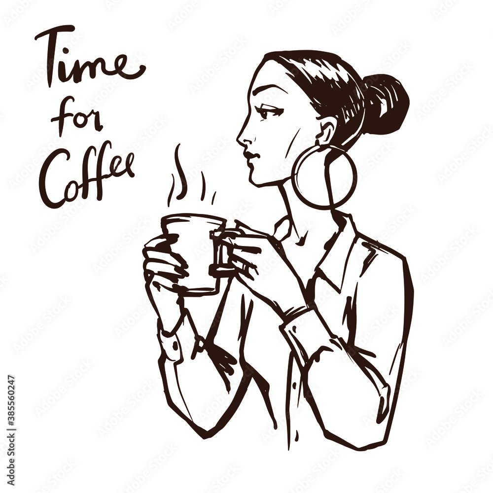Pretty elegant woman drinks coffee. Beautiful girl with coffee mug. Hand drawn graphic sketch, stock vector illustration. Pretty elegant woman drinks coffee. Beautiful girl with coffee mug. Hand drawn graphic sketch, stock vector illustration.