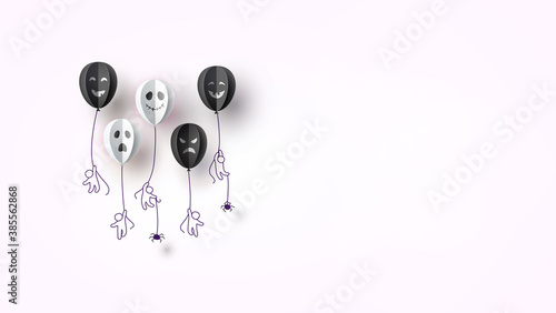 Halloween banner or party invitation background. Vector illustration with ghost flying paper balloons, children and spiders in the sky