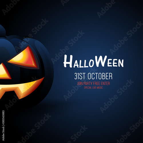 Halloween black Pumpkin on a dark blue background, Halloween banner concept design, Halloween dark style for sign, posters, flyers, post card design vector illustration templates.