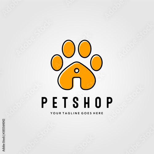 pet shop logo with footprints vector illustration design, line art pet house creative logo design