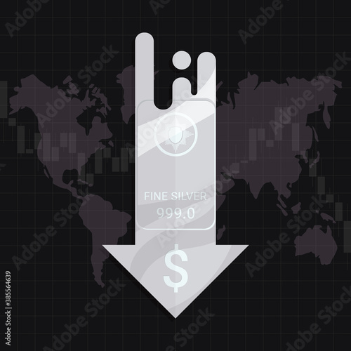 Silver market price crisis concept. Design by Ag metal bar and falling down arrow with US dallar sign. Decline in silver commodity value during world economic growth. Flat vector illustration photo