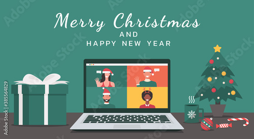 people meeting online together via video calling on a laptop to virtual discussion on Christmas holiday with Merry Christmas and happy new year text, office desk workplace, vector flat illustration