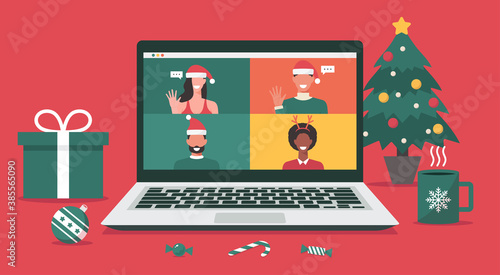 man and woman meeting online together via video conference on a laptop to virtual discussion on Christmas holiday and decorate with Christmas tree, gift, candy, and cup, vector flat illustration