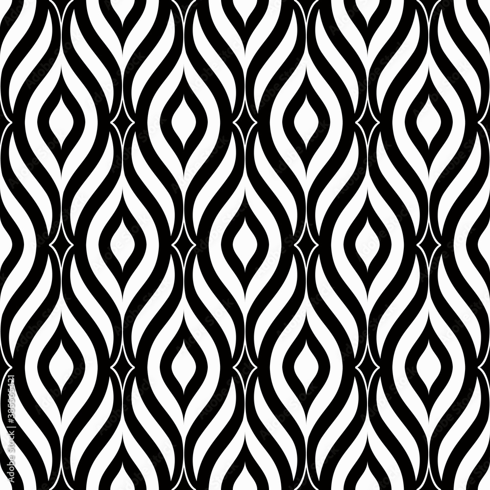 Seamless geometric pattern from waves. Art Deco Seamless Pattern in black, white. Geometric Stylish Texture. Abstract Retro Vector Texture. Vintage Royal wallpaper. Ceramic tile. Vector illustration