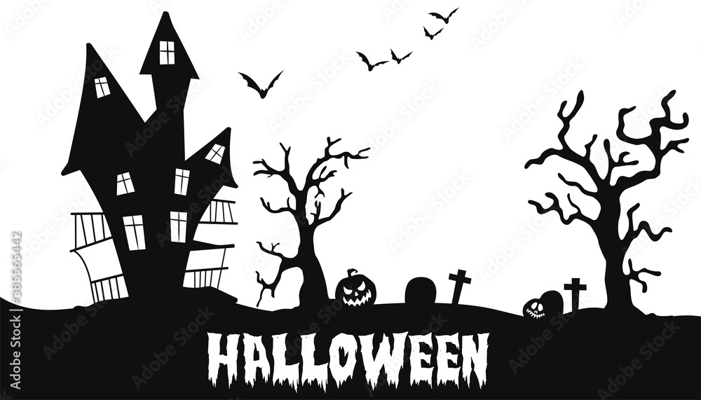 Grim landscape. Halloween theme. Castle, bats, jack-o-lanterns. Black and white colours.