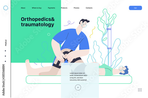 Medical insurance - orthopedic and traumathology -modern flat vector concept digital illustration - an orthopaedist attaching the orthosis to a lying female patient, medical office or laboratory