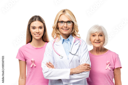 Women and doctor with crossed arms looking at camera isolated on white, concept of breast cancer
