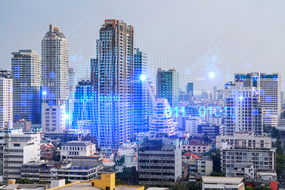 Naklejka premium World planet Earth map hologram over panorama city view of Bangkok, Asia. The concept of international connections and business. Multi Exposure.