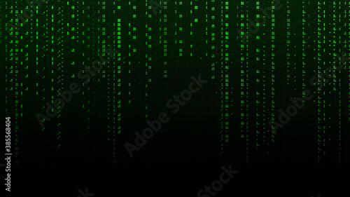 Green matrix background. Falling dots on screen. Technology stream binary code. Digital vector illustration. Hacking concept.