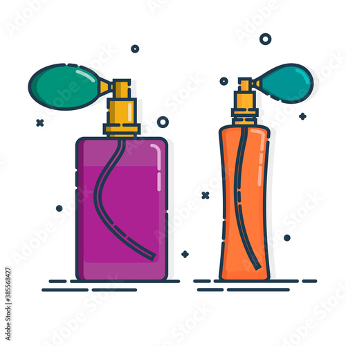 Perfume bottle isolated icon on white background. Two glamour container glass or plastic. Flat style design. Spray system. Female cosmetic business. Graphic outline object