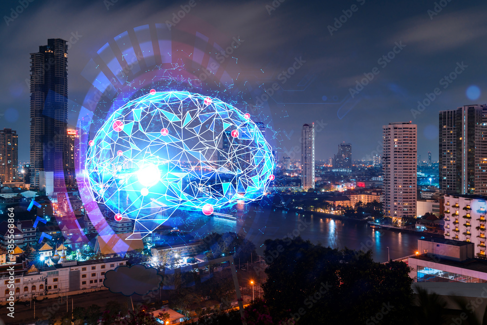 Fototapeta premium Human brain hologram, aerial panoramic city view of Bangkok at night. Educational cluster in Asia. The concept of artificial intelligence. Double exposure.