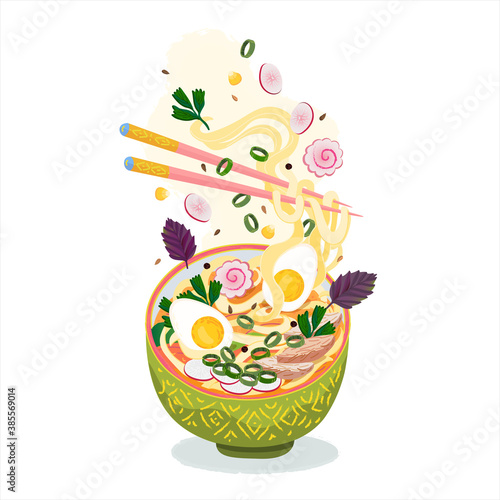 Ramen noodles soup with flying toppings. Japan miso ramen with egg, noodles, meat pork, kamaboko, corn  and radish in deep bowl. Flying food ingredients and chopsticks. Japan, Korean traditional soup