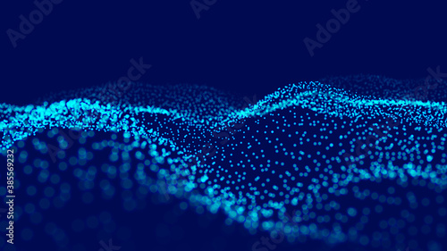 Abstract wave with moving dots. Flow of particles. Vector cyber technology illustration. © estar 2020