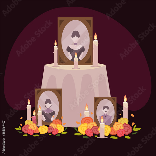 day of the dead, altar with frame photos flowers and candles mexican celebration