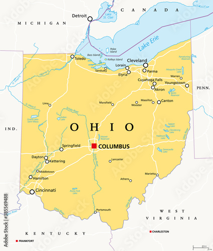 Ohio, OH, political map. State in East North Central region of Midwestern United States of America. Capital Columbus. The Buckeye State. Birthplace of Aviation. Heart of It All. Illustration. Vector.