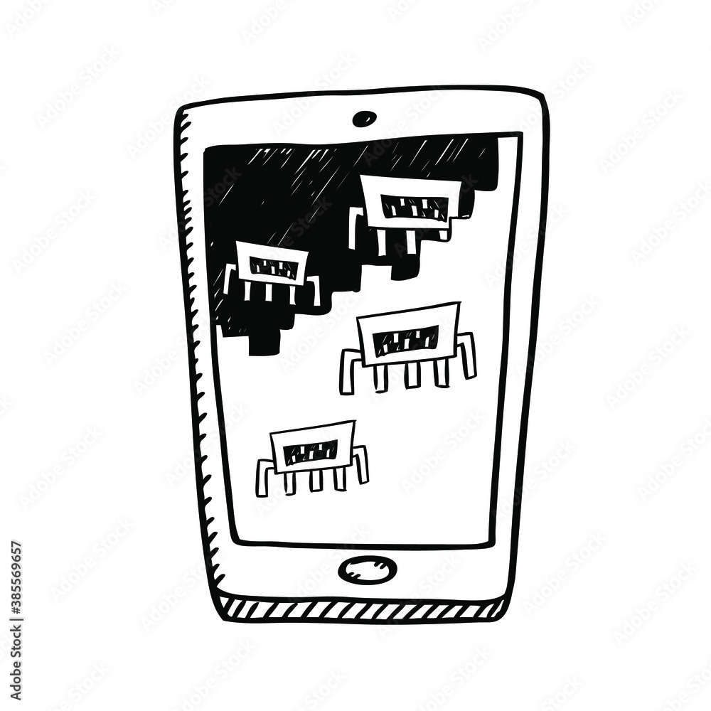 Cartoon style black and white doodle of mobile phone with attacking virus on screen. Black and white vector illustration. Cartoon style black and white doodle of mobile phone with attacking virus on screen. Black and white vector illustration.