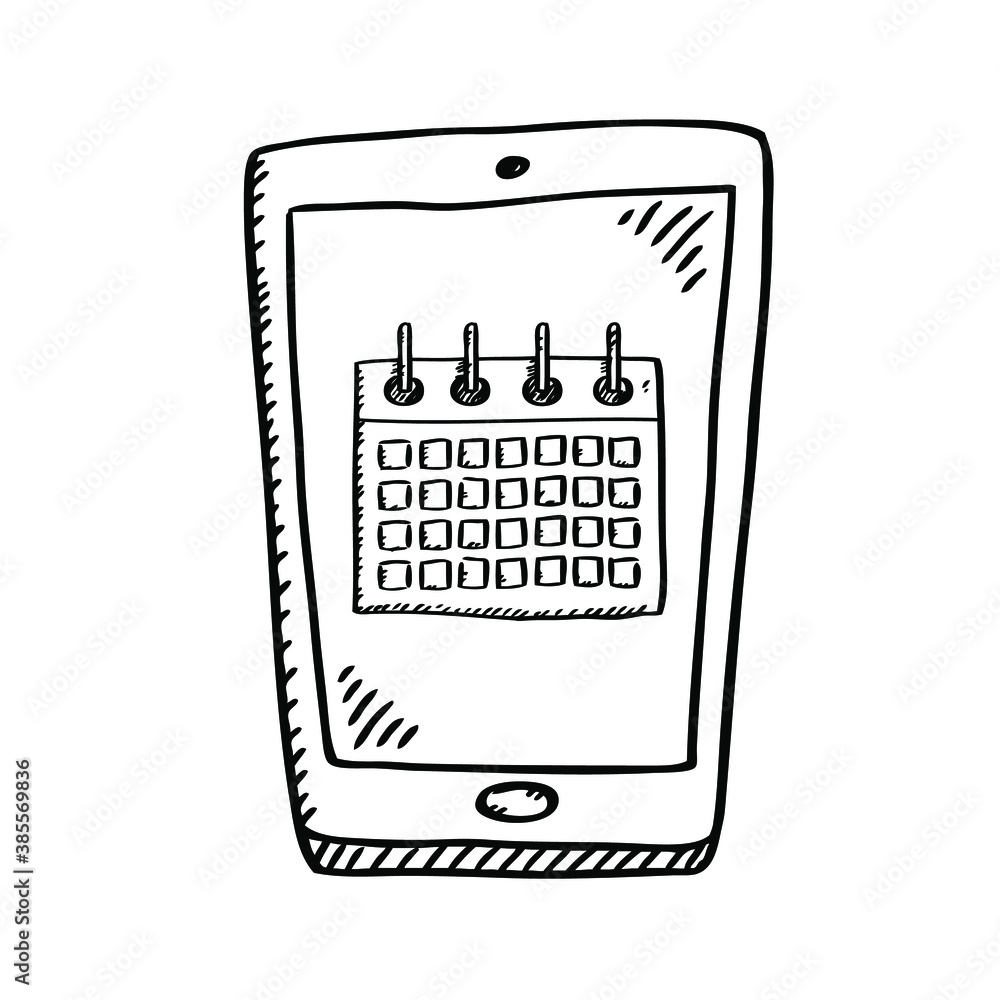 Cartoon style black and white doodle of mobile phone with calendar on screen. Black and white vector illustration. Cartoon style black and white doodle of mobile phone with calendar on screen. Black and white vector illustration.