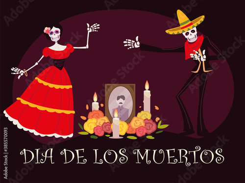 day of the dead, altar with catrina skeleton photo candles and flowers, mexican celebration