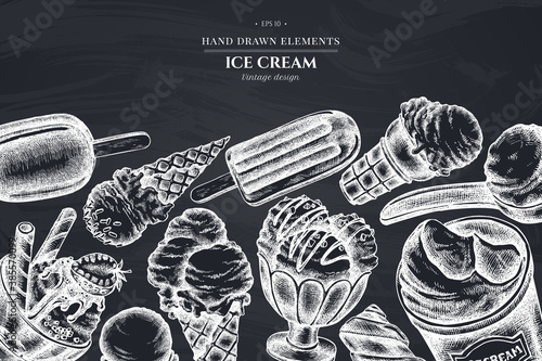 Monochrome design with chalk ice cream bowls, ice cream bucket, popsicle ice cream, ice cream cones, ice cream scoop, ice cream balls