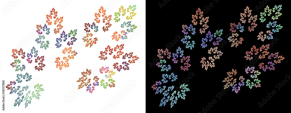 Colorful pattern of leaves on black and white backgrounds. Collection of abstract fractal backgrounds. 3d rendering. 3d illustration. Colorful pattern of leaves on black and white backgrounds. Collection of abstract fractal backgrounds. 3d rendering. 3d illustration.