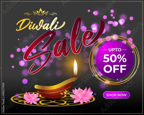 Diwali Festive Season Sale banner, 50% off,  on beautiful bokeh backgrund. Dipawali, Indian festival, diya lamp, oil lamp, colorful bokeh background, vector illustration offer banner, advertisement