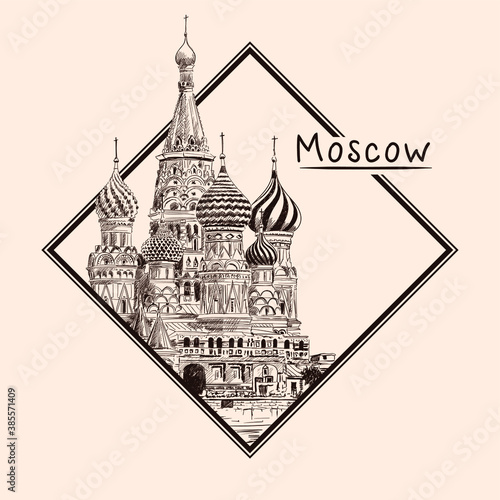 St. Basil's Cathedral on Red Square in Moscow. Russia. Pencil sketch on a beige background. Emblem in a rectangular frame and an inscription.