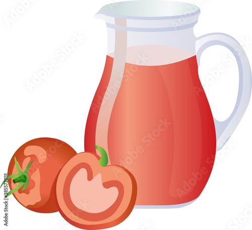 Red tomatoes and tomato juice in a decanter.