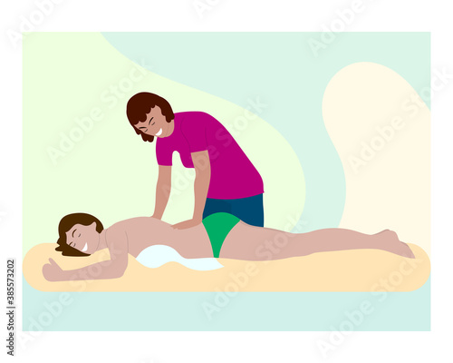 A masseuse gives a massage to a beautiful young woman. Cartoon people illustration.