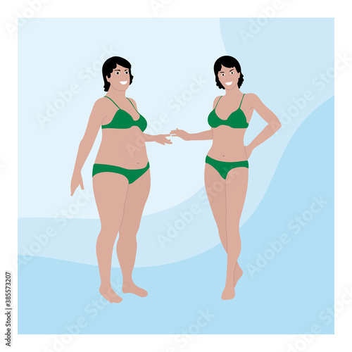 Two women of different sizes in swimsuits. Before and after Losing Weight concept. Cartoon people illustration.