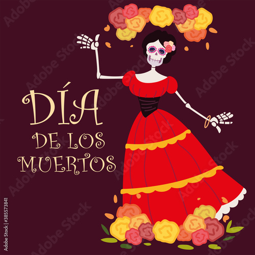 day of the dead, catrina with red dress and flowers decoration, mexican celebration
