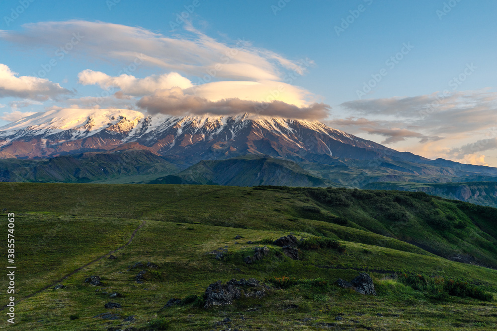 At sunset, view of Plosky Tolbachik volcano