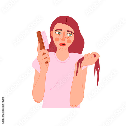 Cute girl holding a comb with a strand of hair illustration. Woman suffering from hair loss vector design.