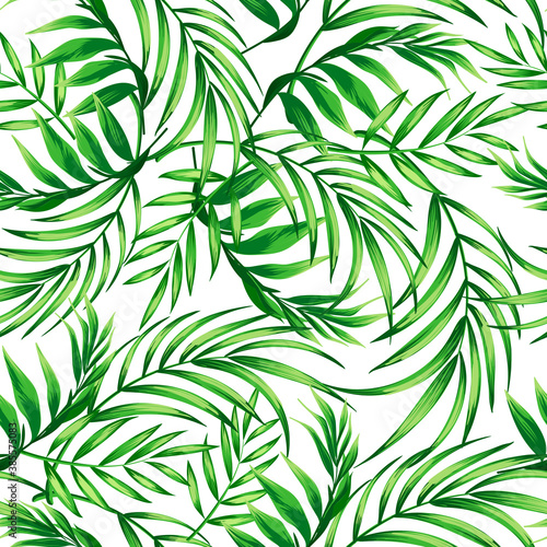 Green tropical palm leaves seamless vector pattern on the black background.Trendy summer print.