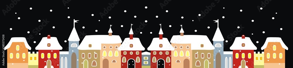 snowy town, night scene, vector illustration