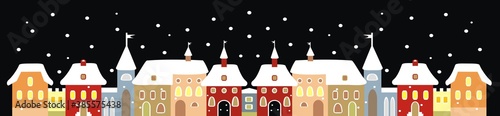 snowy town, night scene, vector illustration